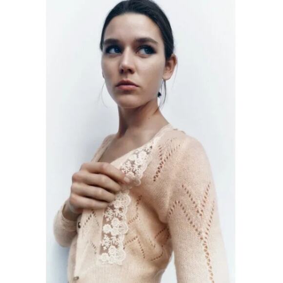 Zara Pink Lace Detail Cardigan - Picture 2 of 10